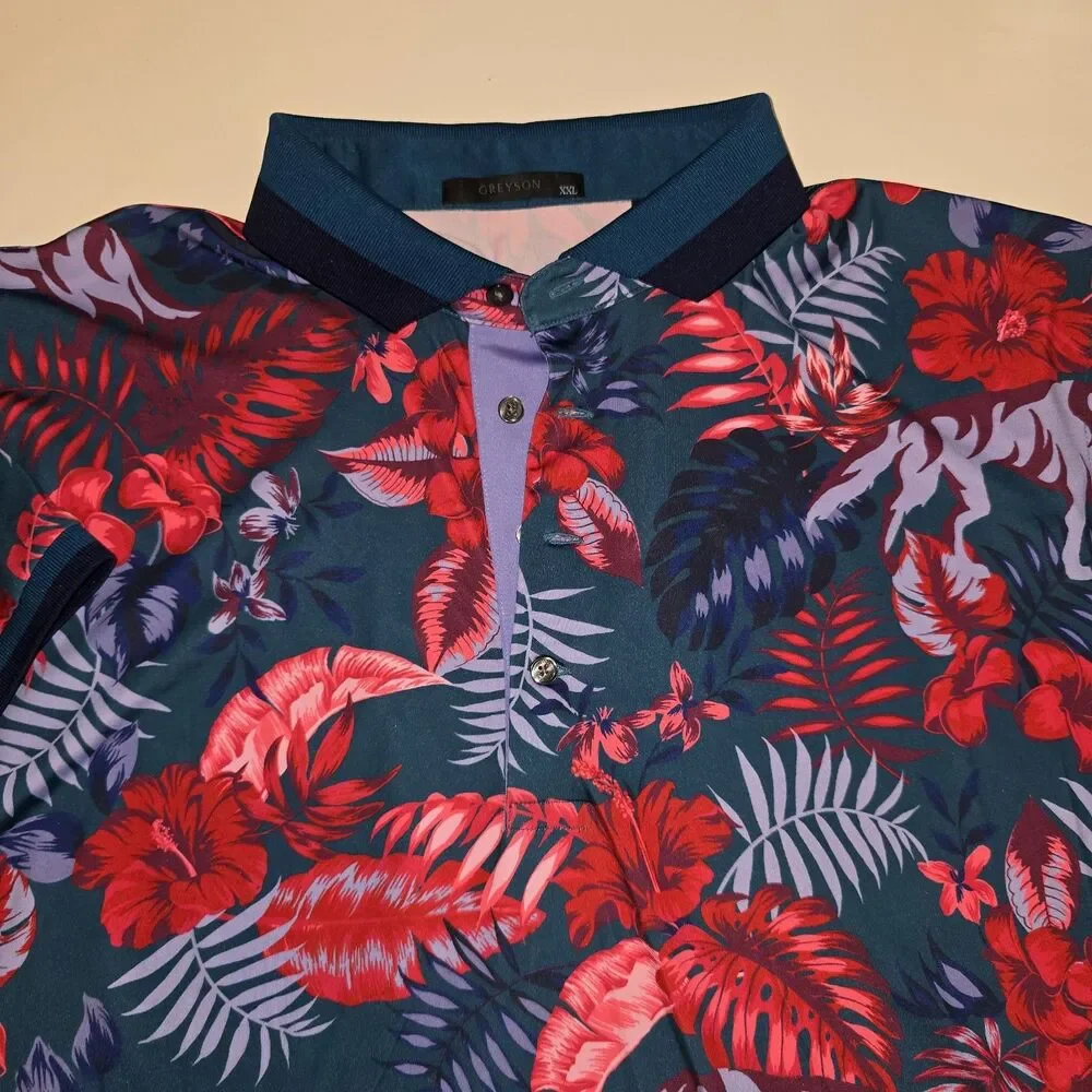 Greyson Herbarium Polo Shirt Mens XXLarge Blue Floral Wolf Golf Performance